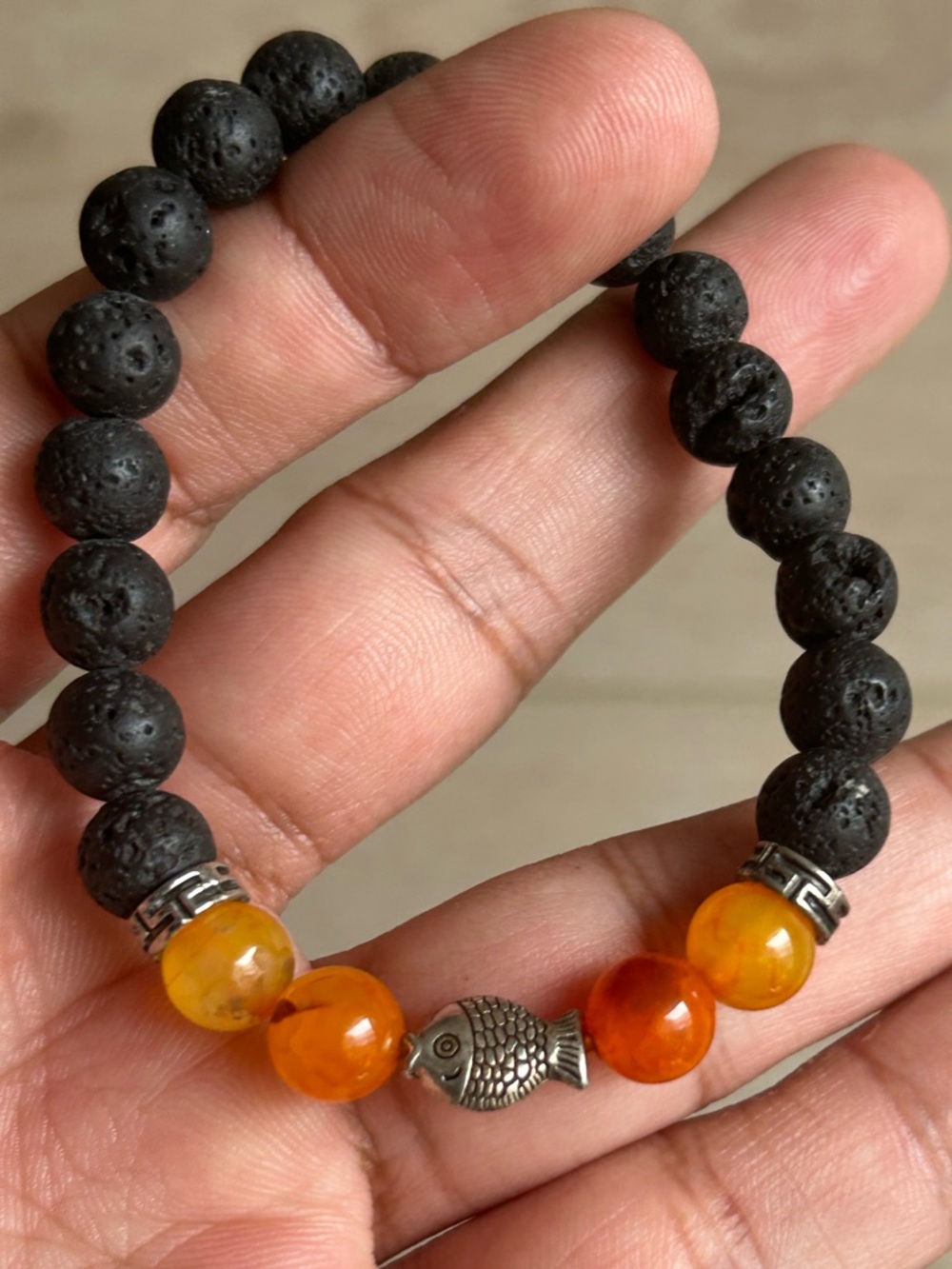 Black Lava Rock and Carnelian Stretch Bracelet  Size 6